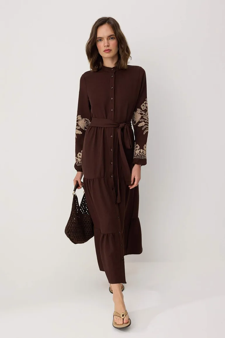 Brown Linen Look Embroidered Woven Dress