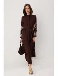 Brown Linen Look Embroidered Woven Dress