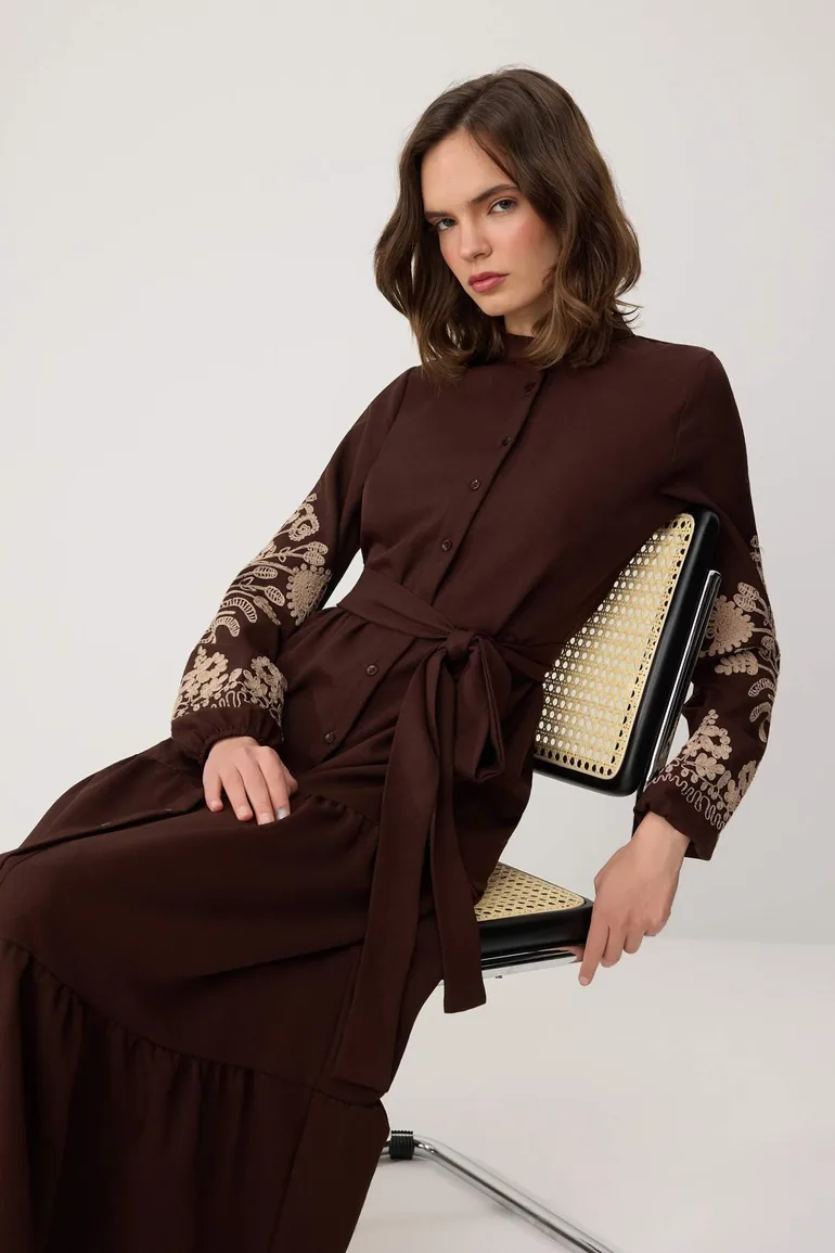 Brown Linen Look Embroidered Woven Dress - 1