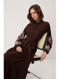 Brown Linen Look Embroidered Woven Dress - 1