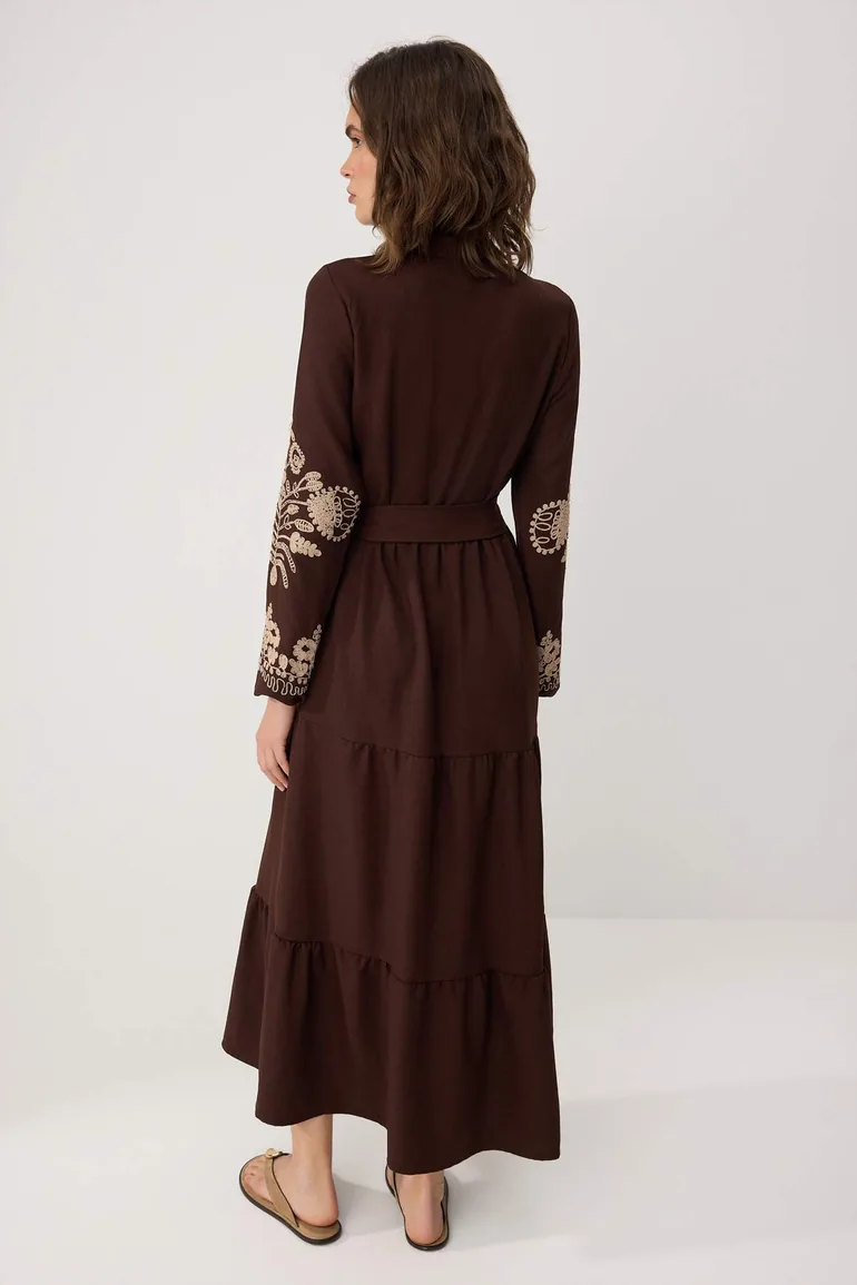 Brown Linen Look Embroidered Woven Dress - 3