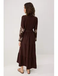Brown Linen Look Embroidered Woven Dress - 3