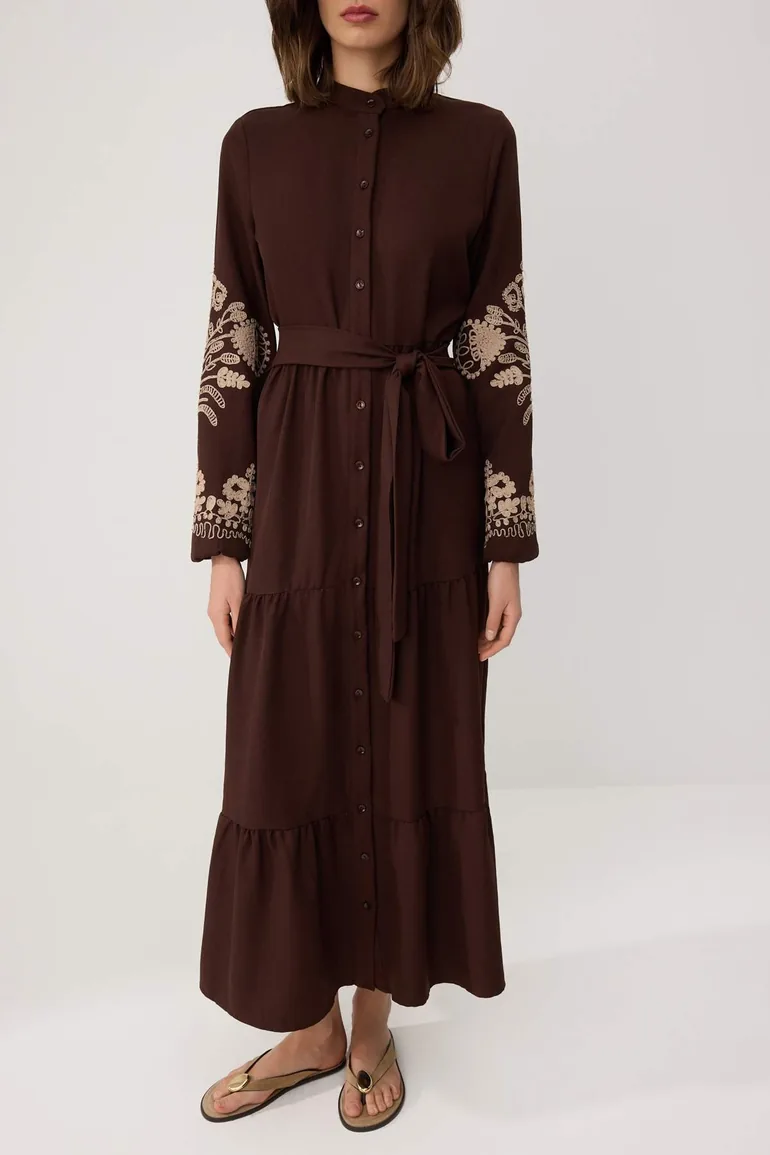 Brown Linen Look Embroidered Woven Dress - 2