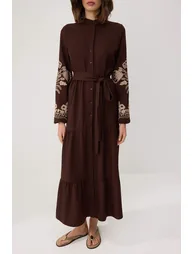 Brown Linen Look Embroidered Woven Dress - 2