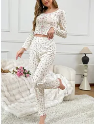 White Floral Print Top and Pyjama Set - 3