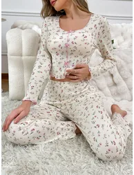 White Floral Print Top and Pyjama Set - 1