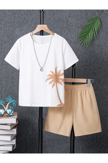 Boys Beige Palm Tree T-Shirt and Shorts Set