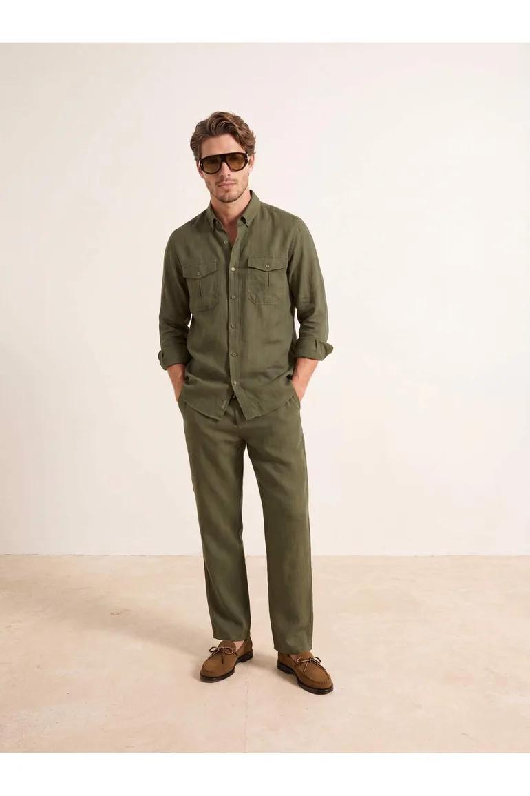 Khaki Linen Look 100% Cotton Regular Fit Shirt & Pants Set - 9