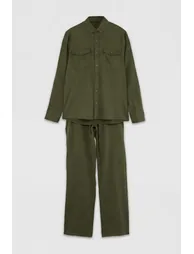 Khaki Linen Look 100% Cotton Regular Fit Shirt & Pants Set - 1