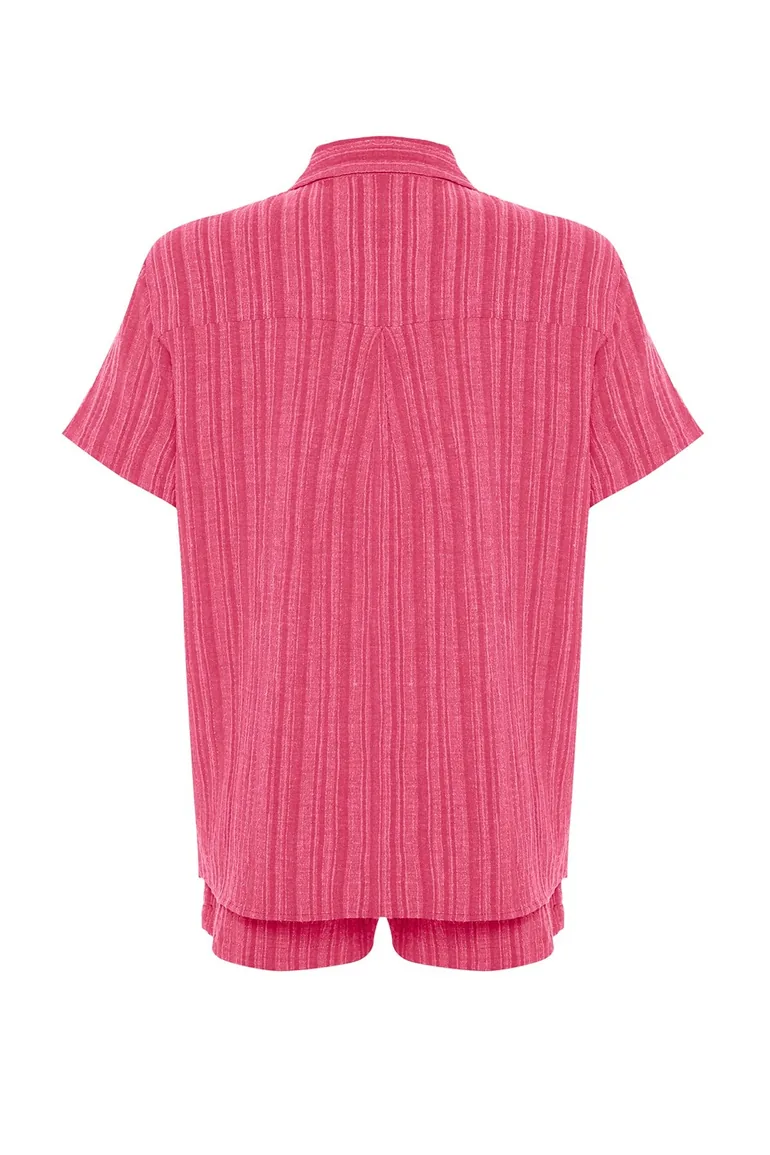 Fuchsia Woven Linen Blend Blouse Shorts Set - 7