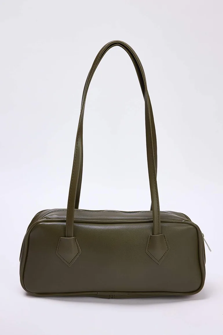 Khaki Charm Detailed Women's Medium Size Mini Bowling Shoulder Bag - 2