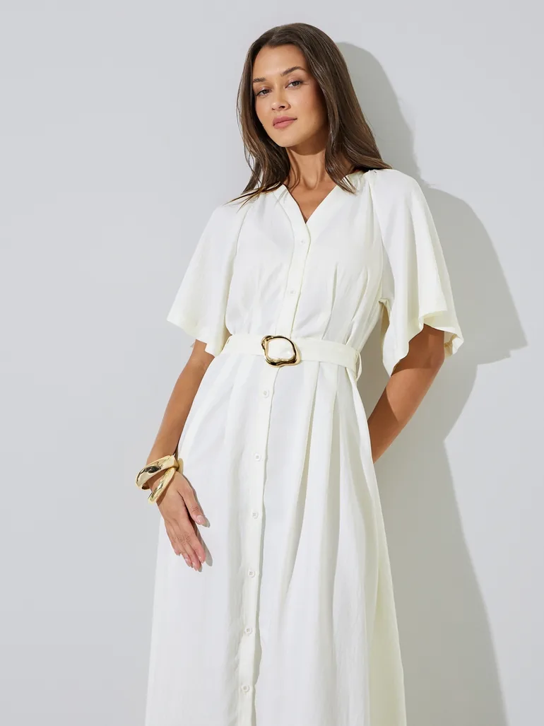 Beige Solid Belted Waist Casual A-Line Maxi Dress - 1