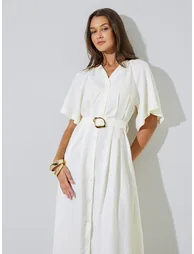 Beige Solid Belted Waist Casual A-Line Maxi Dress - 1