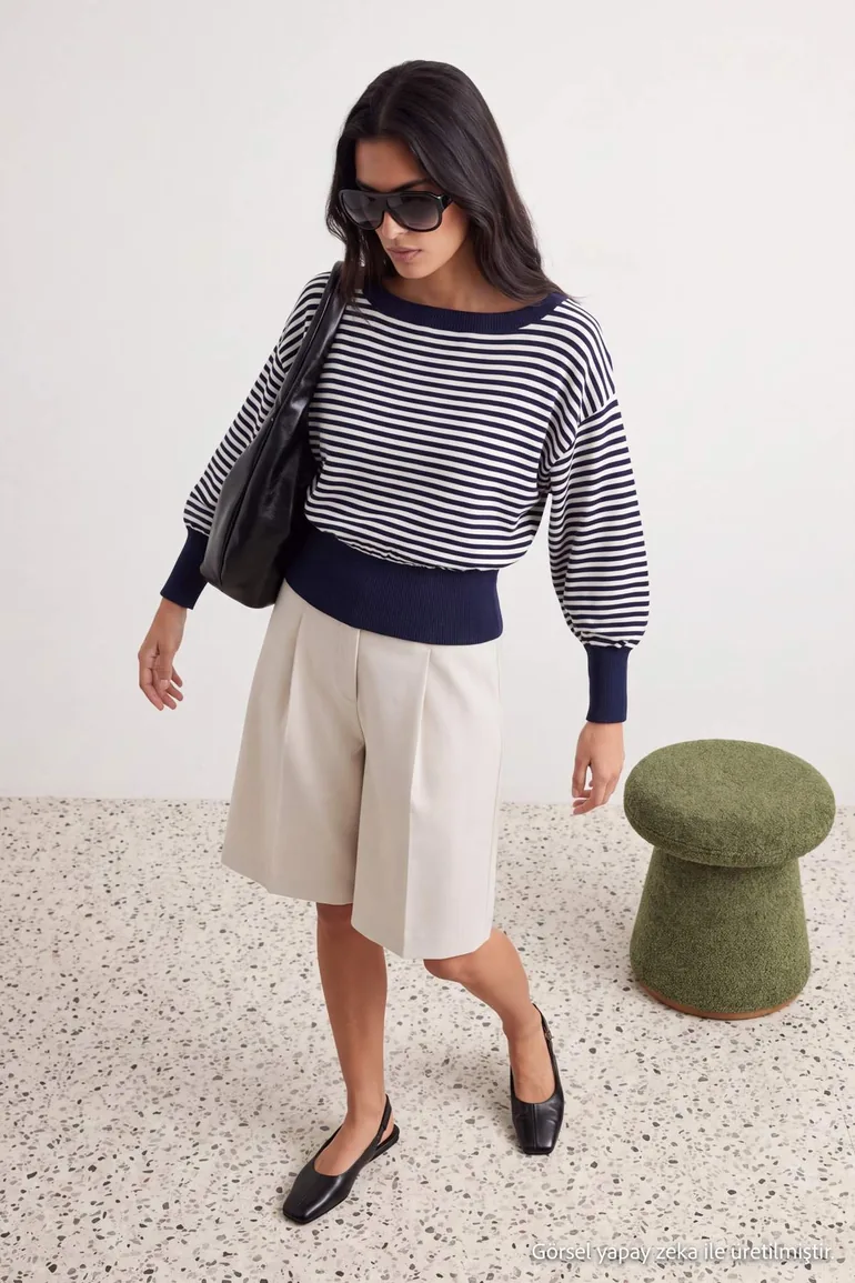 Navy Blue Striped Soft Textured Boat Neck Knitwear Sweater