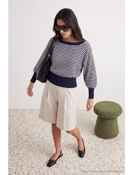 Navy Blue Striped Soft Textured Boat Neck Knitwear Sweater