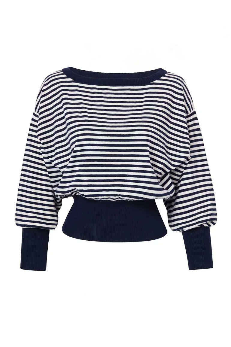 Navy Blue Striped Soft Textured Boat Neck Knitwear Sweater - 4