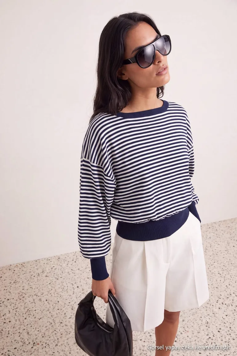 Navy Blue Striped Soft Textured Boat Neck Knitwear Sweater - 2