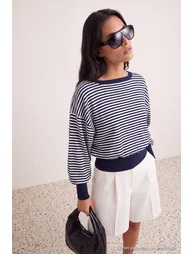 Navy Blue Striped Soft Textured Boat Neck Knitwear Sweater - 2