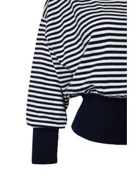 Navy Blue Striped Soft Textured Boat Neck Knitwear Sweater - 5