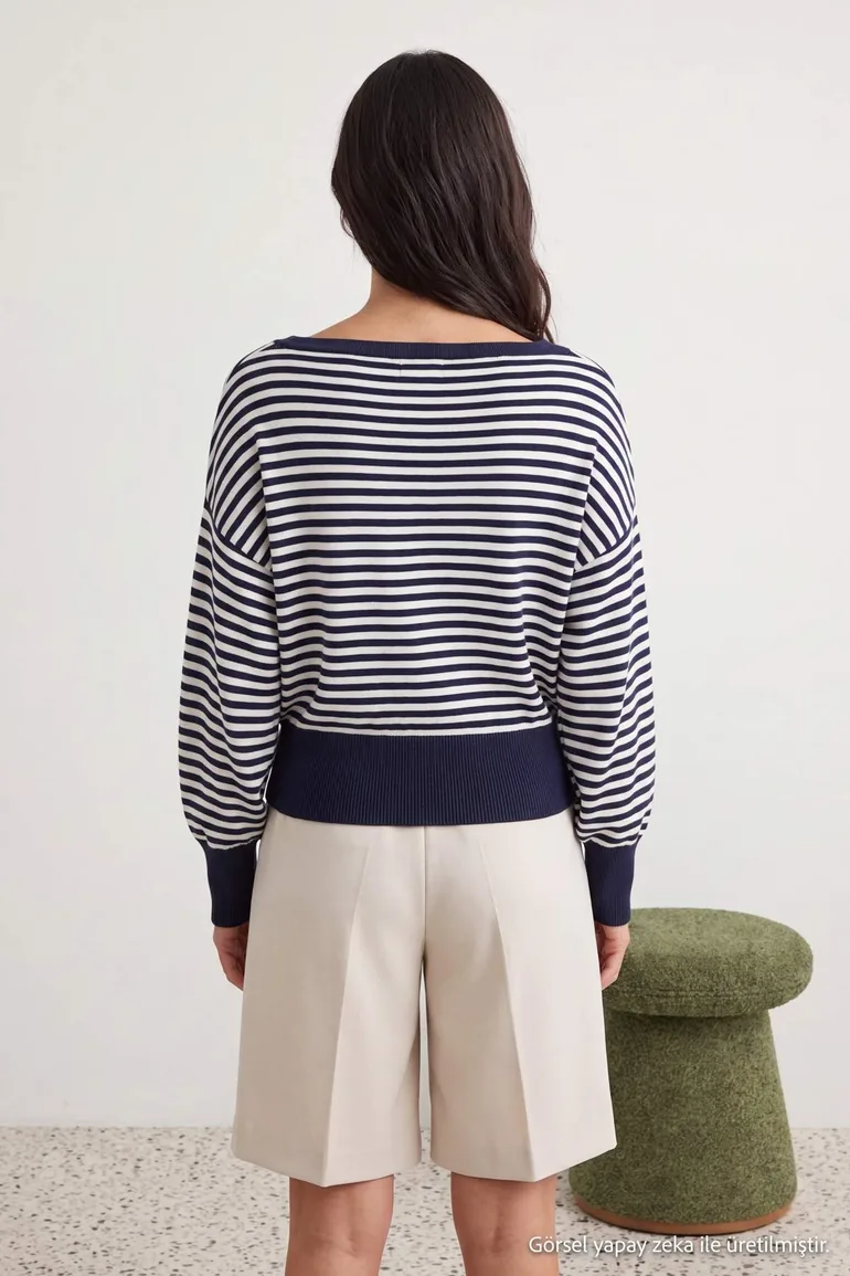 Navy Blue Striped Soft Textured Boat Neck Knitwear Sweater - 3