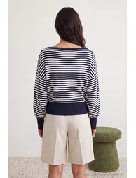 Navy Blue Striped Soft Textured Boat Neck Knitwear Sweater - 3