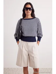 Navy Blue Striped Soft Textured Boat Neck Knitwear Sweater - 1