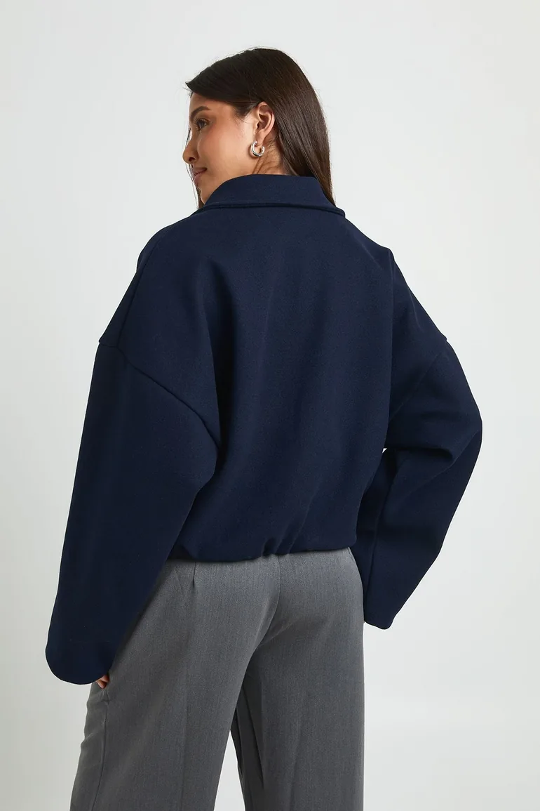 Collared Wool Look Bomber Jacket - navy - 2