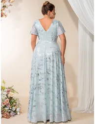 Plus Size Short Sleeve Ruffle A-Line Floor Length V-Neck Evening Dresses - 1