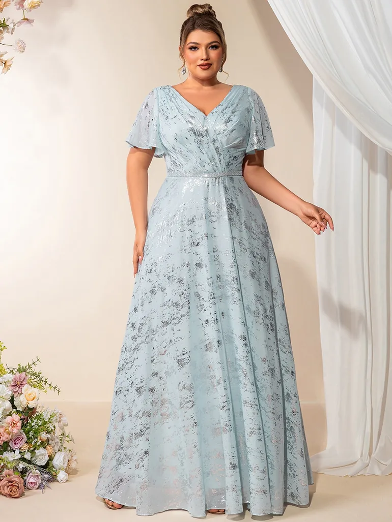 Plus Size Short Sleeve Ruffle A-Line Floor Length V-Neck Evening Dresses - 4