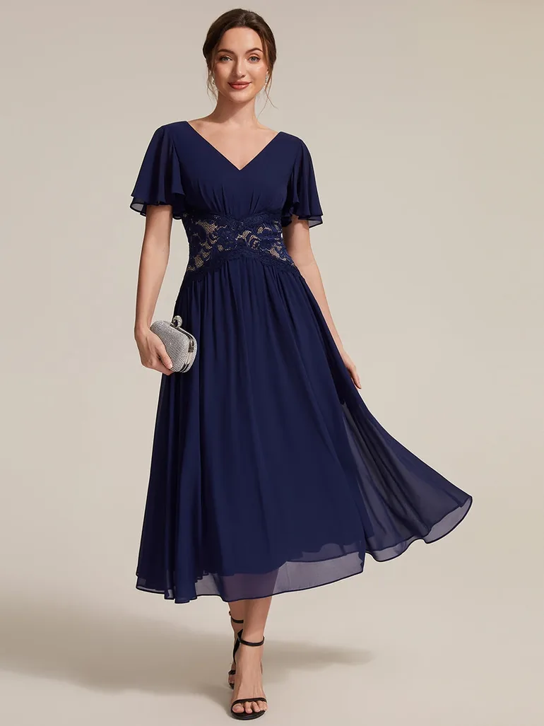 Short Sleeve Ruffle Lace Trim V-Neck A-Line Midi Wedding Guest Dresses - 4