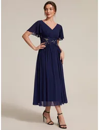 Short Sleeve Ruffle Lace Trim V-Neck A-Line Midi Wedding Guest Dresses - 3