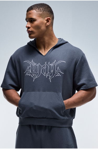 Man Active Boxy Short Sleeve Hoodie V Neck - charcoal