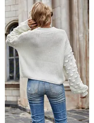 Playful Dotted Puff Sleeve Crop Sweater in White - 3