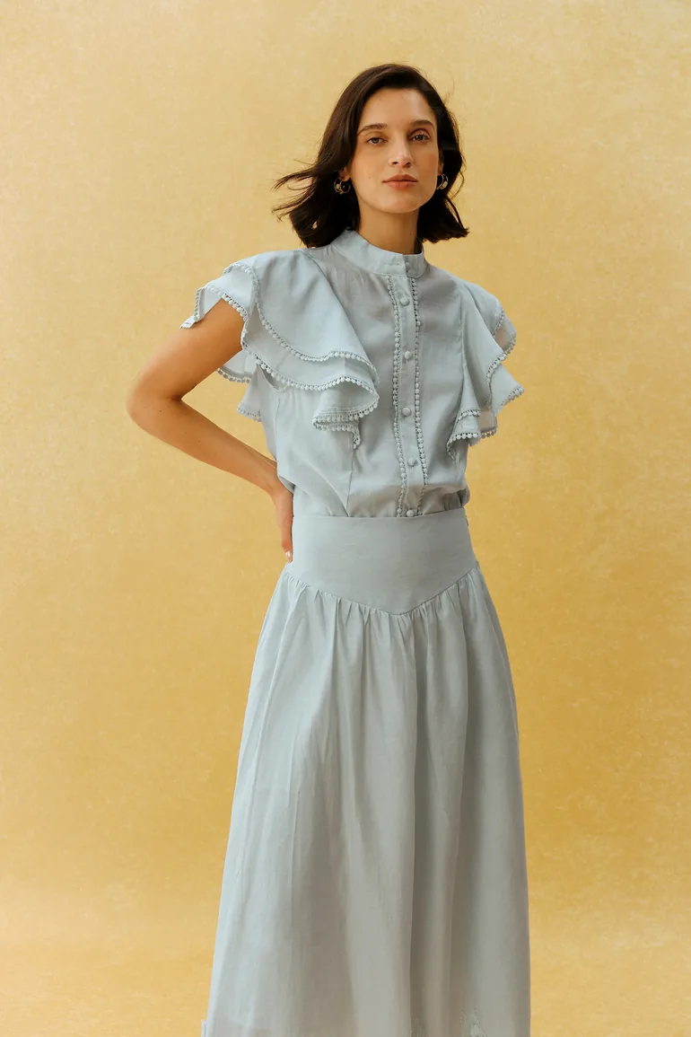 City Romance Blue Ruffle Sleeve Blouse & Lace Hem Skirt Set - 6