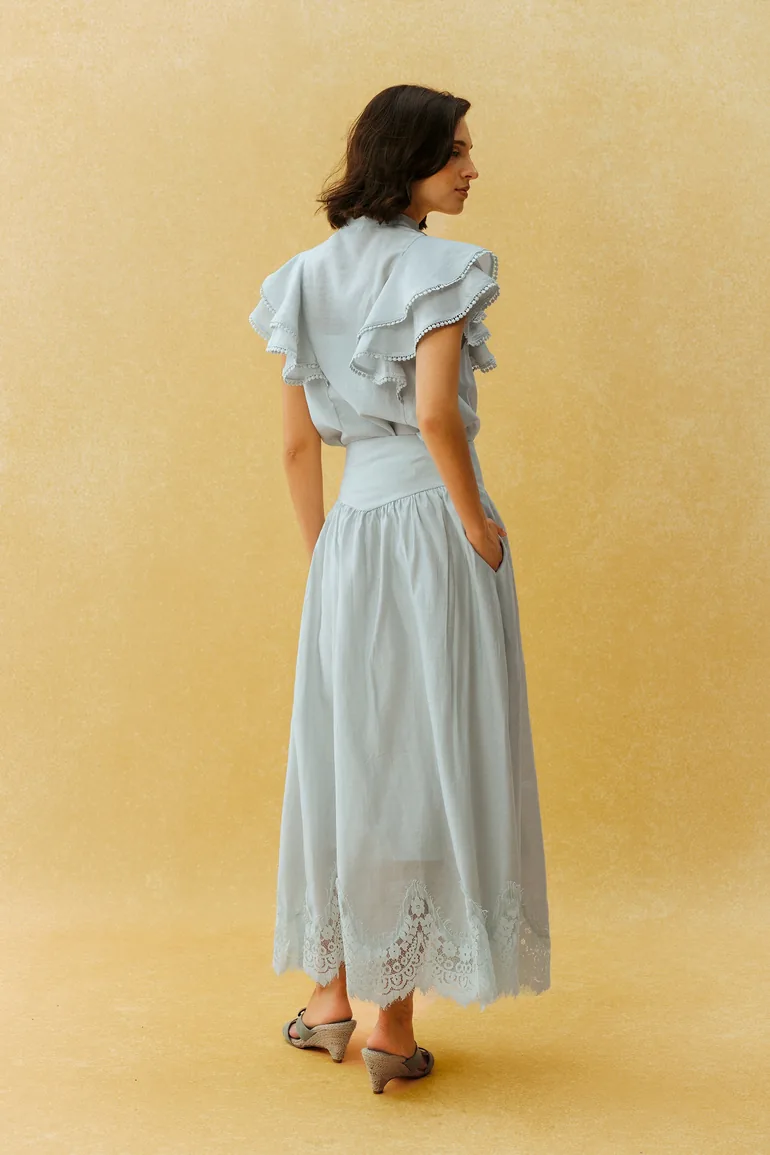 City Romance Blue Ruffle Sleeve Blouse & Lace Hem Skirt Set - 5