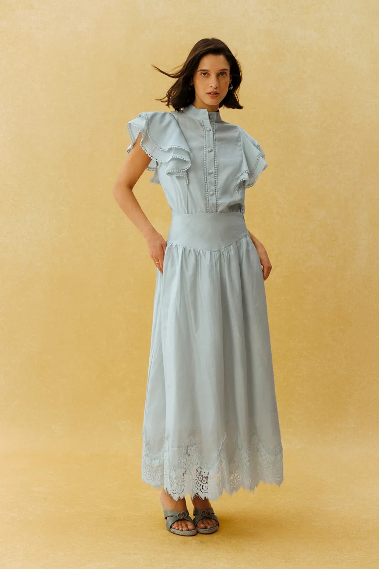 City Romance Blue Ruffle Sleeve Blouse & Lace Hem Skirt Set - 2