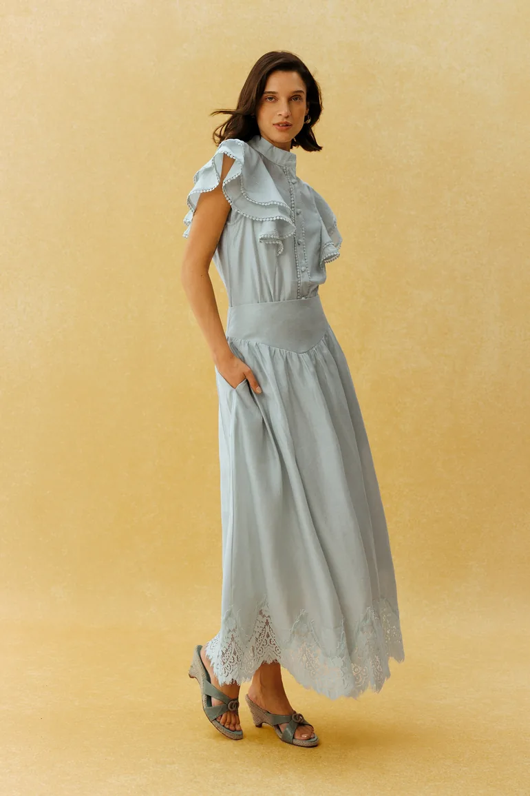 City Romance Blue Ruffle Sleeve Blouse & Lace Hem Skirt Set - 4