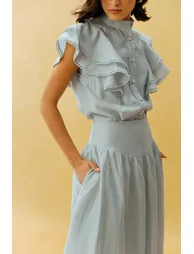 City Romance Blue Ruffle Sleeve Blouse & Lace Hem Skirt Set - 1