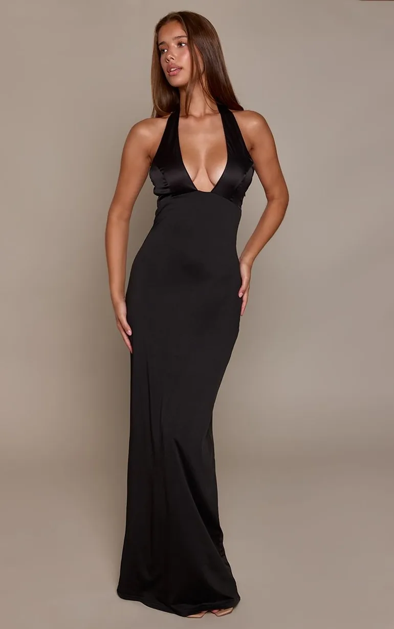 Black Satin Jersey Contrast Plunge Halterneck Bodycon Maxi Dress - 2