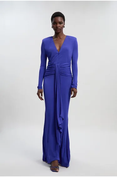 Premium Stretch Crepe Jersey V Neck Zip Detail Maxi Dress