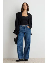 Blue Crocodile Patterned High Waist Wide Leg Jeans