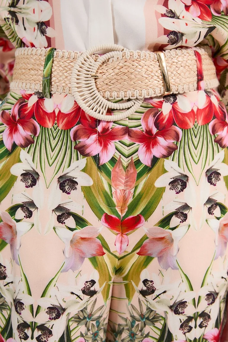 Mirrored Viscose Linen Floral Print With Raffia Belt Woven Trouser - 2