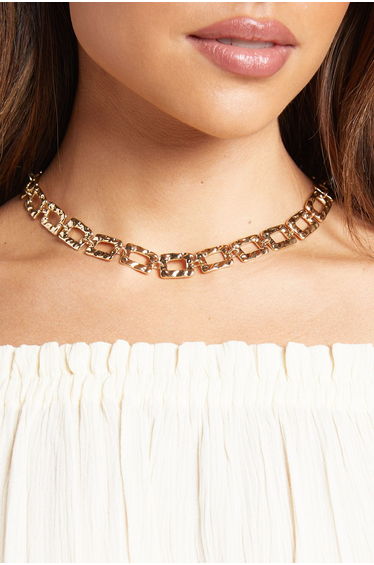 Hammered Link Chunky Necklace - gold
