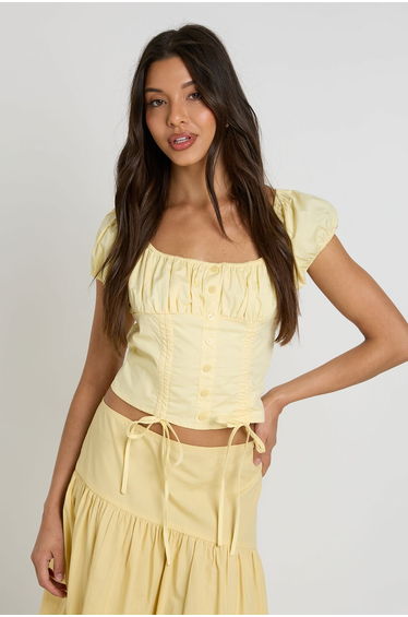 Button Down Puff Sleeve Top - lemon