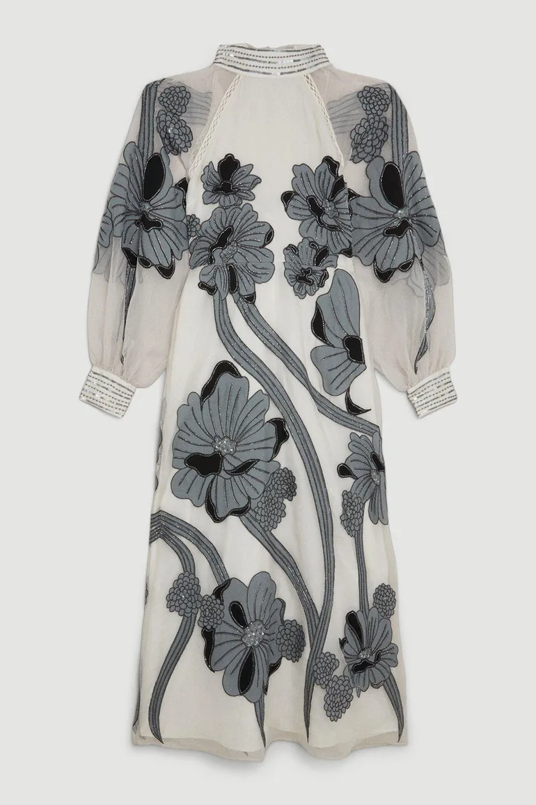Floral Chiffon A-Line Maxi Skater Dress with Long Sleeve - 3