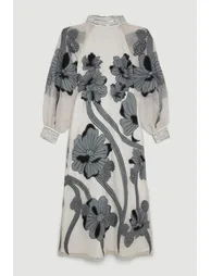 Floral Chiffon A-Line Maxi Skater Dress with Long Sleeve - 3