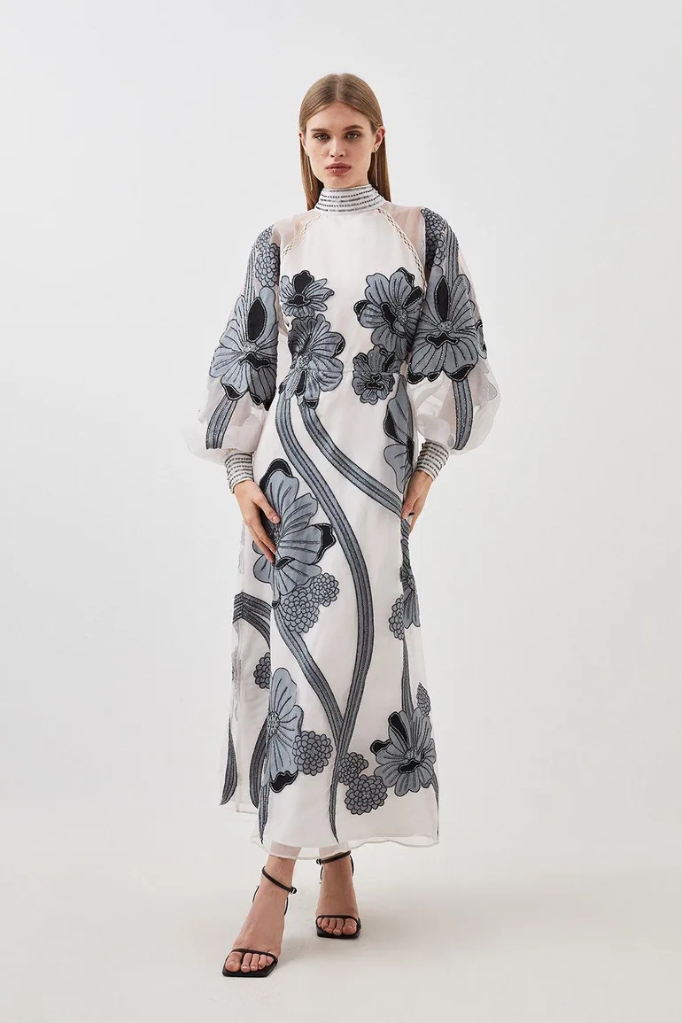Floral Chiffon A-Line Maxi Skater Dress with Long Sleeve