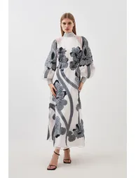 Floral Chiffon A-Line Maxi Skater Dress with Long Sleeve