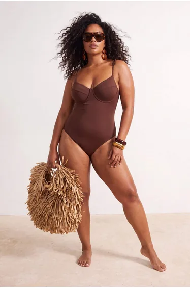 Brown Piping Detailed Shoulder Tie Large Size Swimsuit