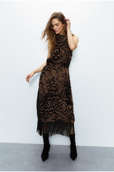 Snake Devore Tassel Midi Dress